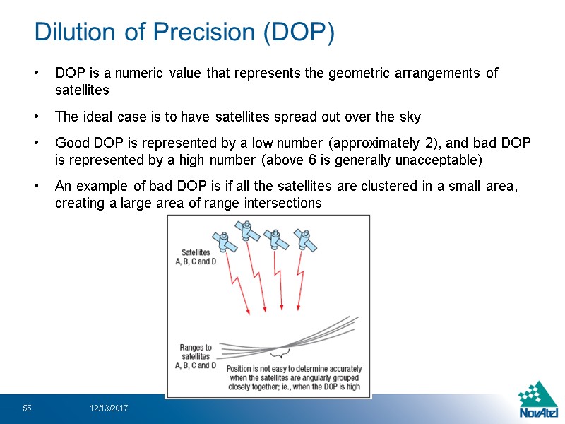 Dilution of Precision (DOP) DOP is a numeric value that represents the geometric arrangements